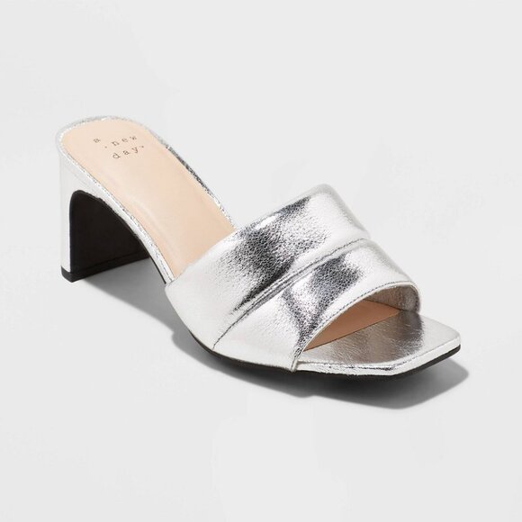 NWT A New Day Women's Metallic Silver Lilah Heeled Open-Toe Sandals - Picture 1 of 2